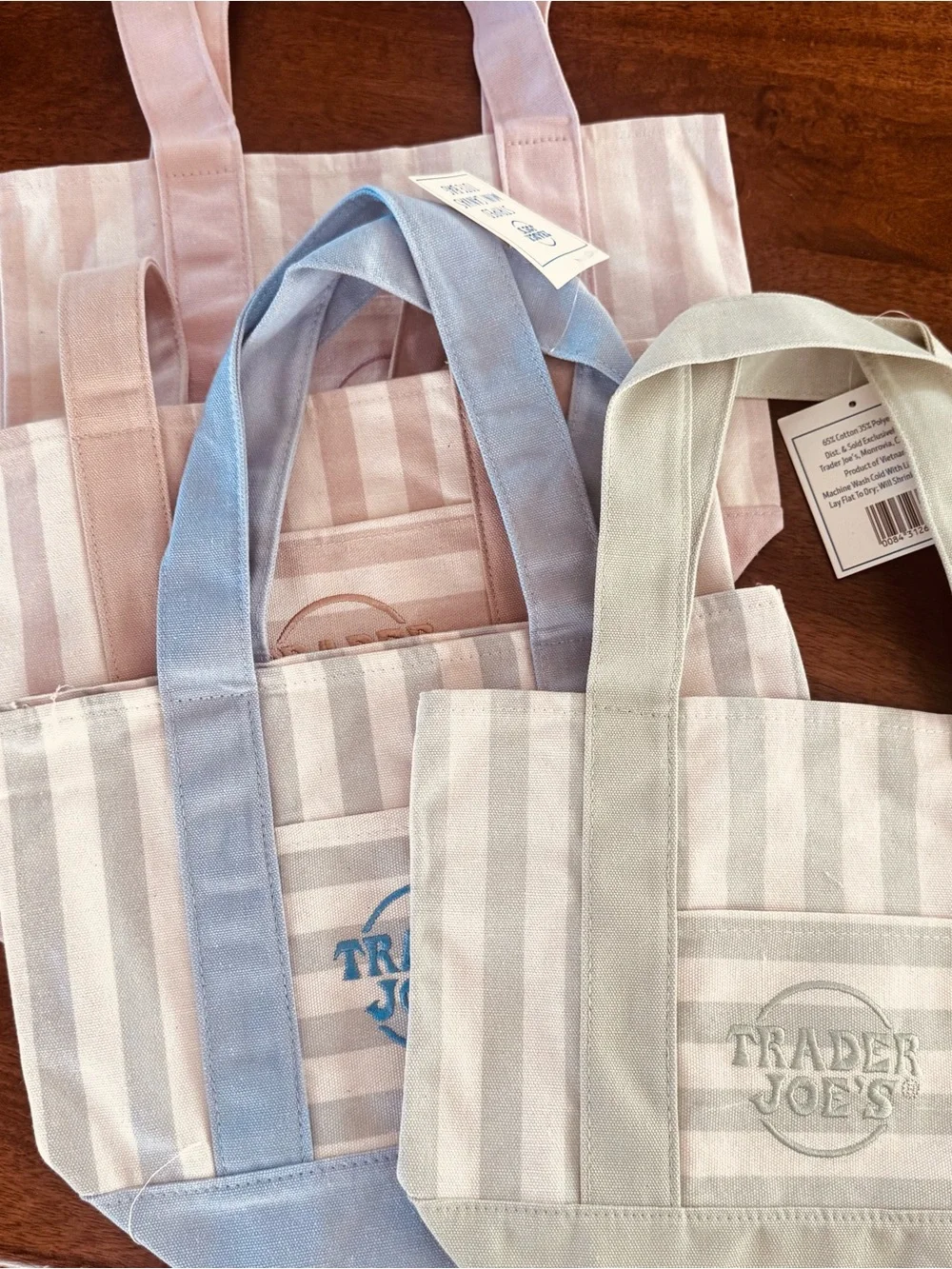 Set of 4 Pastel Stripe Canvas Tote Bags — Pink, Blue, Tan & Green